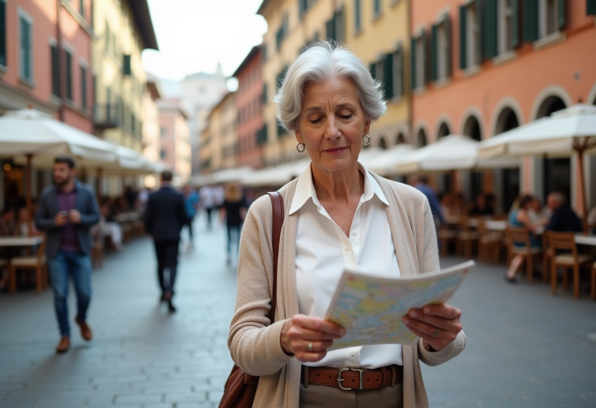 Femme âgée vérifiant une carte dans une piazza italienne animée