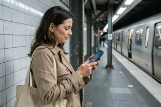 Femme consultant le plan du métro Paris ligne 13 en temps réel sur smartphone dans une station souterraine