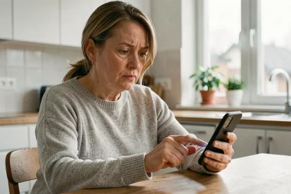 Femme d'une cinquantaine d'années utilisant un annuaire inversé sur son smartphone dans sa cuisine