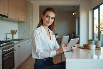 Femme confiante recherchant location sur tablette