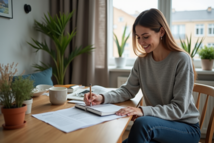 Femme souriante à la maison en train de revoir ses reçus