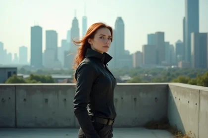 Femme en tenue tactique sur un toit avec vue sur la ville