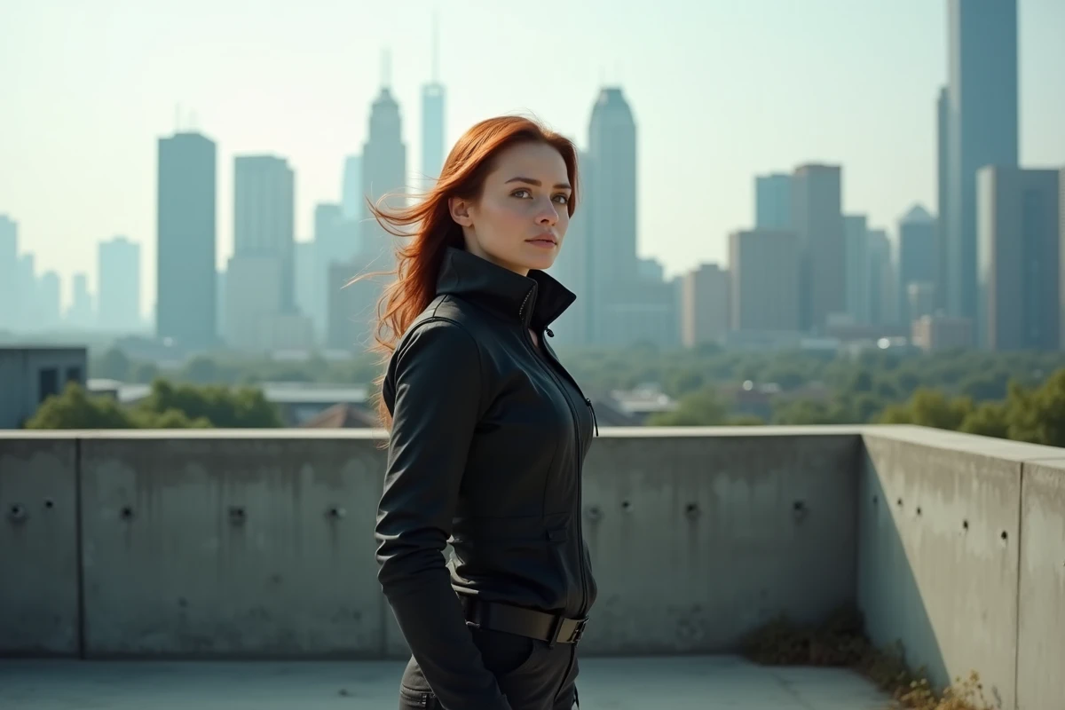 Femme en tenue tactique sur un toit avec vue sur la ville