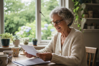 Femme senior souriante lisant documents de santé