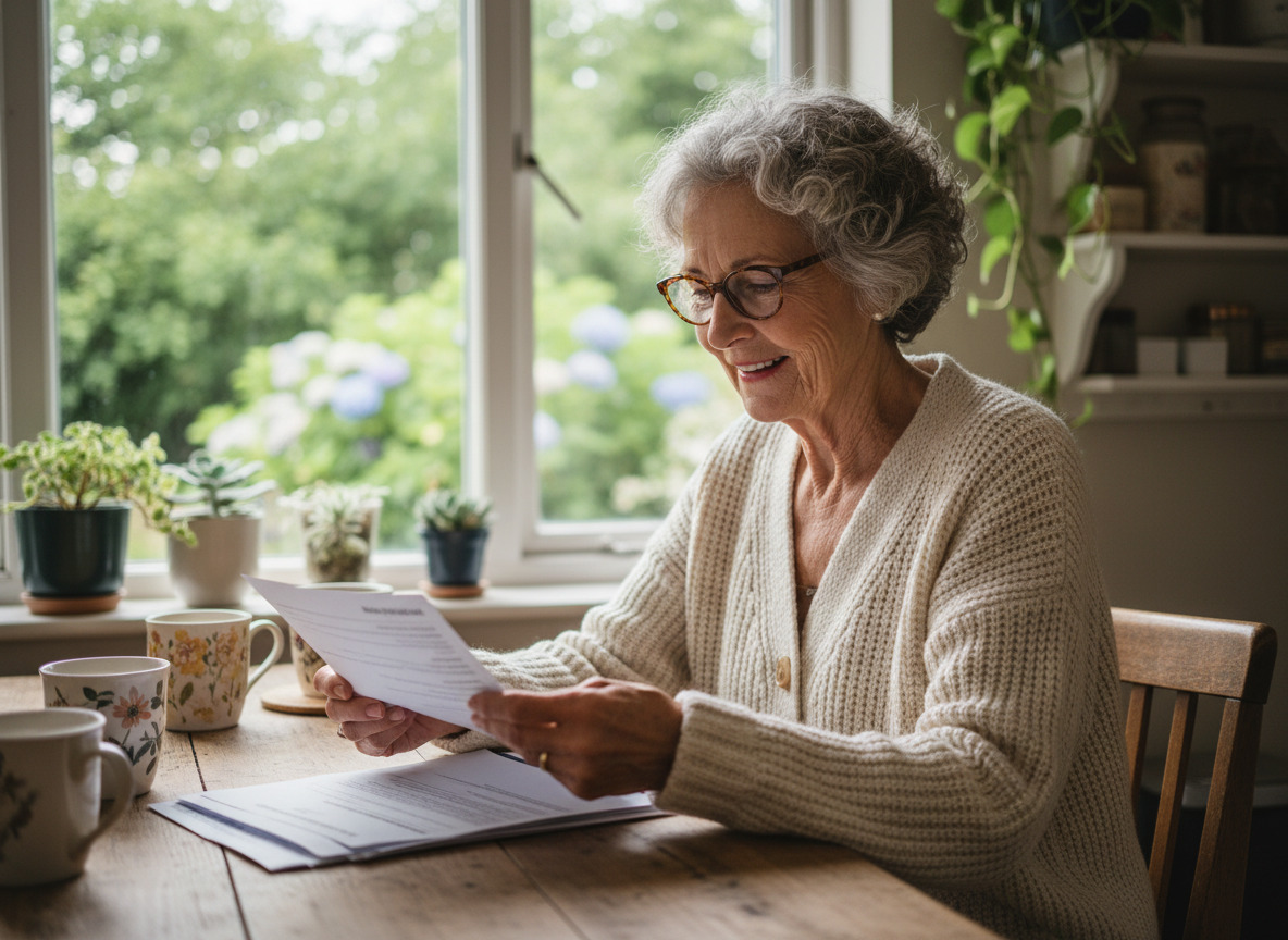 Femme senior souriante lisant documents de santé