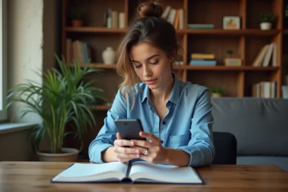 Femme assise dans un salon cosy vérifiant son smartphone