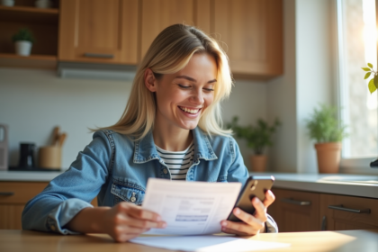 Jeune femme souriante vérifiant une notification de remboursement
