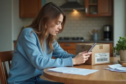 Jeune femme vérifiant un colis dans sa cuisine chaleureuse