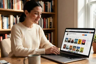 Femme téléchargeant des ebooks gratuits légalement sur son ordinateur portable depuis une bibliothèque numérique