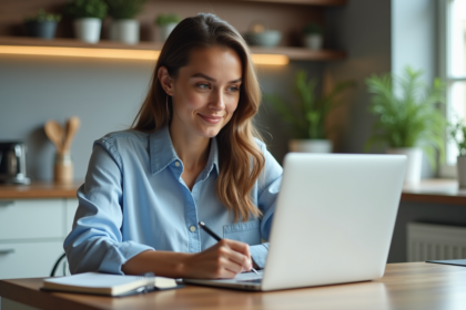 Jeune femme travaillant à domicile avec ordinateur et carnet