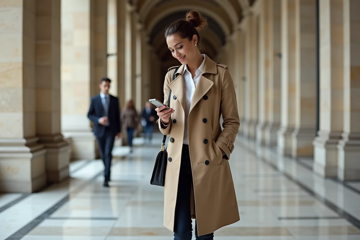 Femme en trench marche dans un couloir en marbre