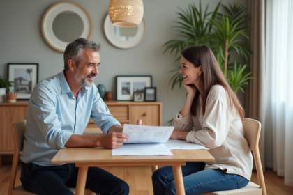 Femme souriante avec agent immobilier regardant rapport