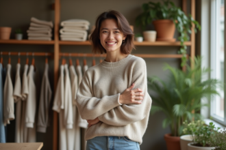Jeune femme souriante en vêtements durables dans boutique