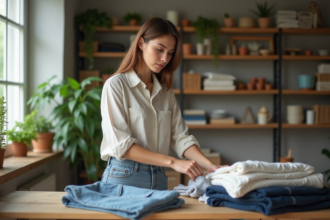 Jeune femme triant des vêtements d'occasion dans un intérieur cosy