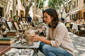 Femme inspectant une poterie ancienne sur un étal de vide-grenier en plein air lors d'un week-end ensoleillé