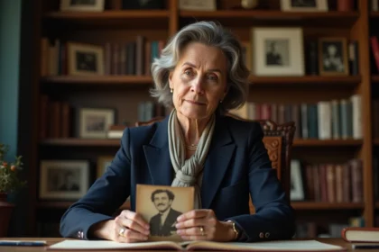 Femme élégante tenant une photo ancienne dans un bureau vintage