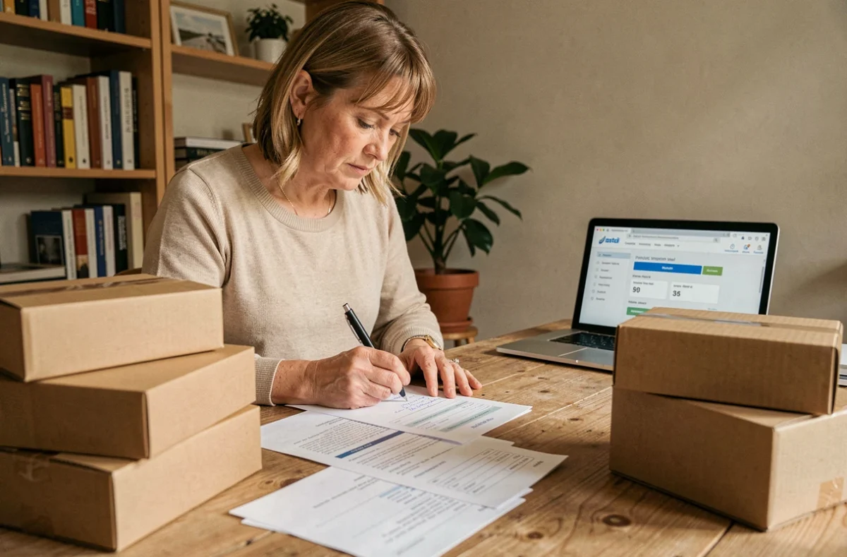 Femme remplissant un formulaire d'expédition avec le code postal de Chambéry à son bureau à domicile