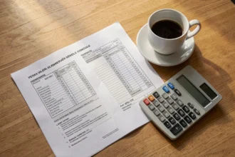 Formulaires fiscaux, calculatrice et café posés sur un bureau