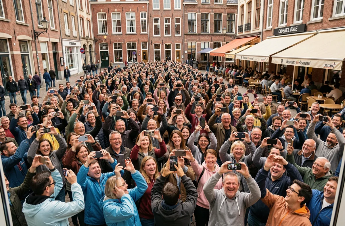 Foule rassemblée sur une place de Lille pour le feu d'artifice, smartphones levés, façades flamandes et terrasses de café en arrière-plan