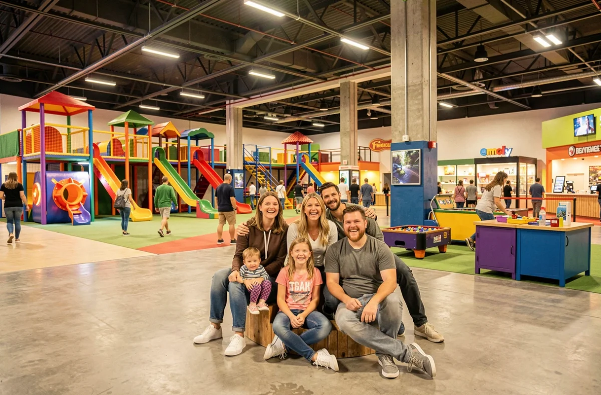 Famille s'amusant dans les installations du Game Parc, complexe de loisirs dans la Vienne