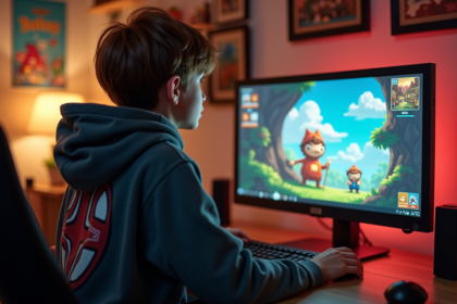 Jeune gamer français jouant à Dofus dans sa chambre cosy