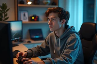 Jeune homme gamer assis à son bureau avec manette et écran