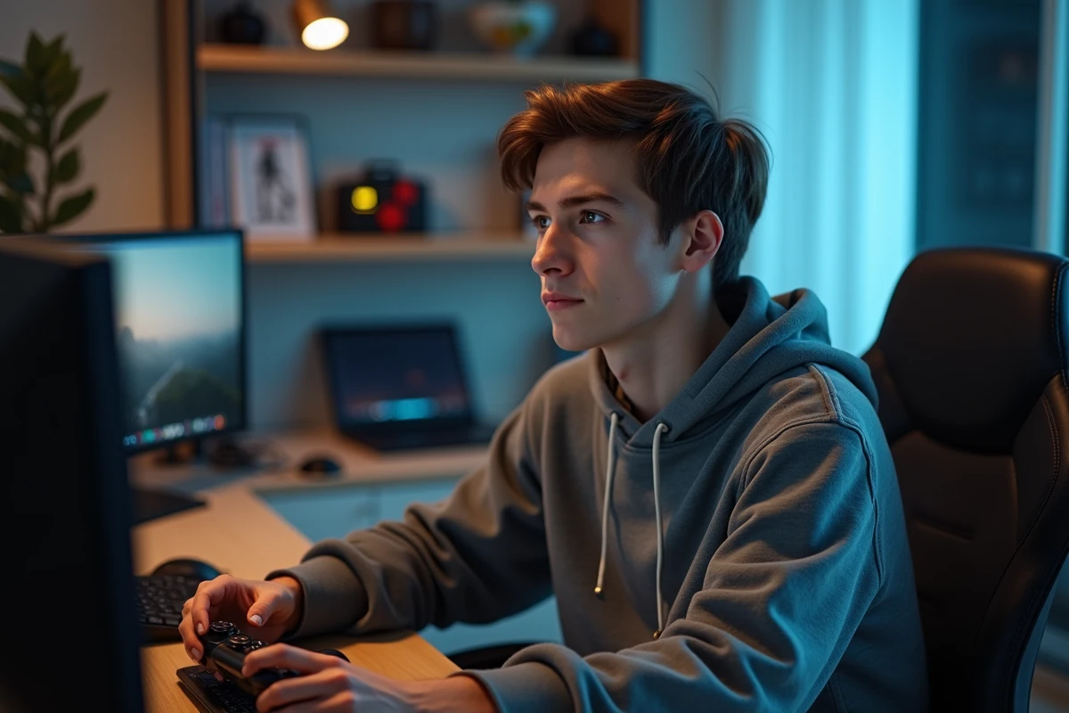 Jeune homme gamer assis à son bureau avec manette et écran
