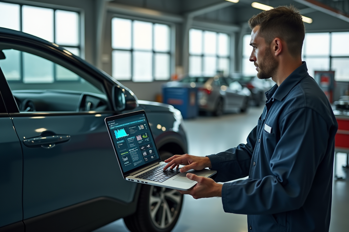 Mecanicien montrant une batterie hybride usagée dans un garage lumineux