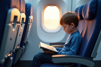 Garçon de 10 ans lisant un livre dans un avion