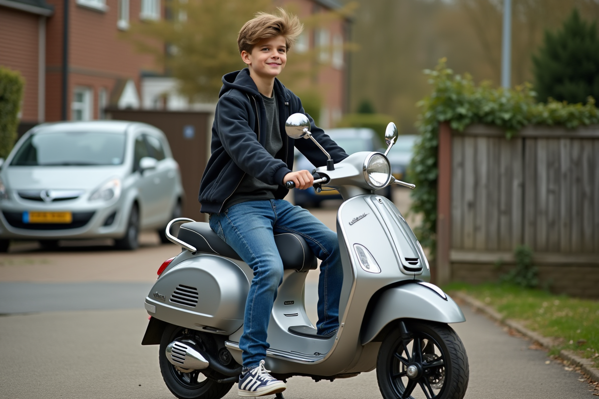 Garçon assis sur scooter dans un quartier résidentiel