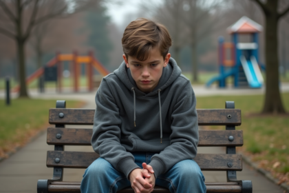 Adolescent seul sur un banc dans un parc urbain