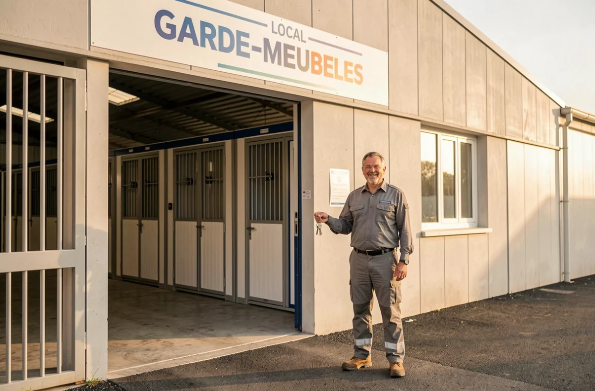 Façade du Garde-Meubles Agenais à Agen avec employé à l'entrée des unités de stockage