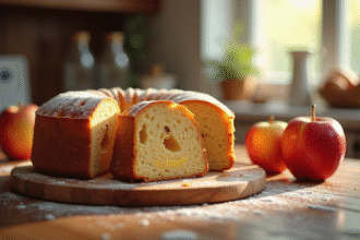 Gâteau aux pommes fraîchement tranché sur une table en bois