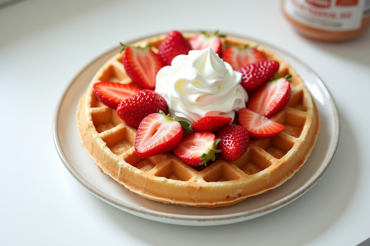Gaufres maison garnies de fraises et creme fouettee