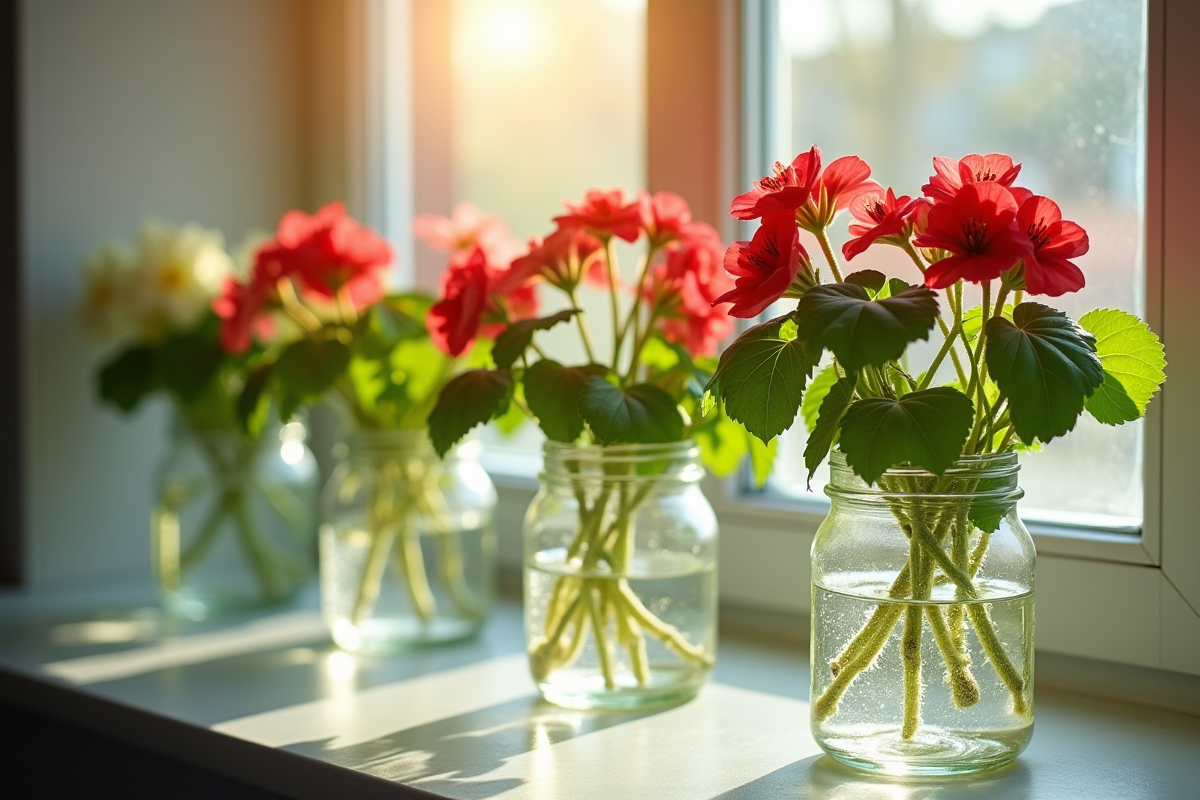 Plusieurs geraniums en bonne santé dans des verres d