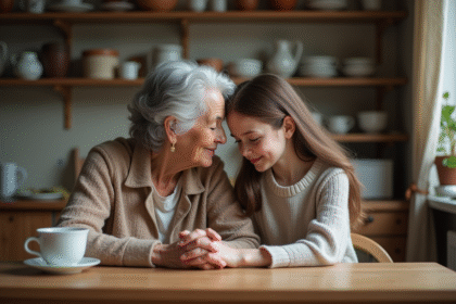 Grand-mère et petite fille main dans la main dans la cuisine