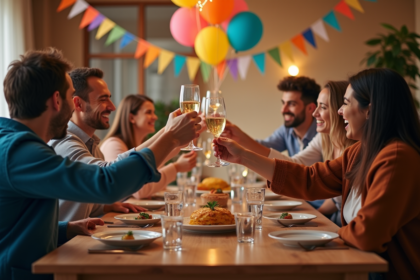 Groupe d'amis en fête levant leurs verres lors d'un anniversaire