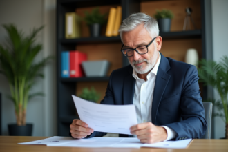 Homme d affaires en costume bleu examinant des documents