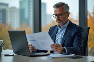 Homme d'affaires en costume bleu lisant un rapport financier