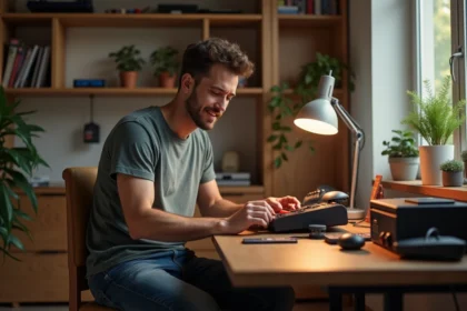 Jeune homme assemble un systeme retrogaming dans un bureau