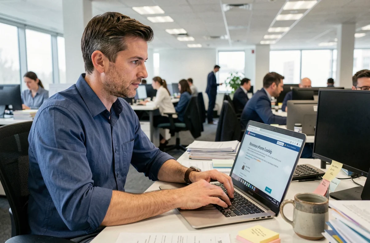 Homme au bureau effectuant une recherche inversée de numéro de téléphone sur un ordinateur portable avec message d'erreur