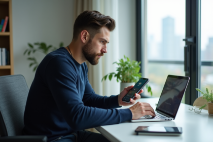 Homme en bureau moderne utilisant son ordinateur et smartphone