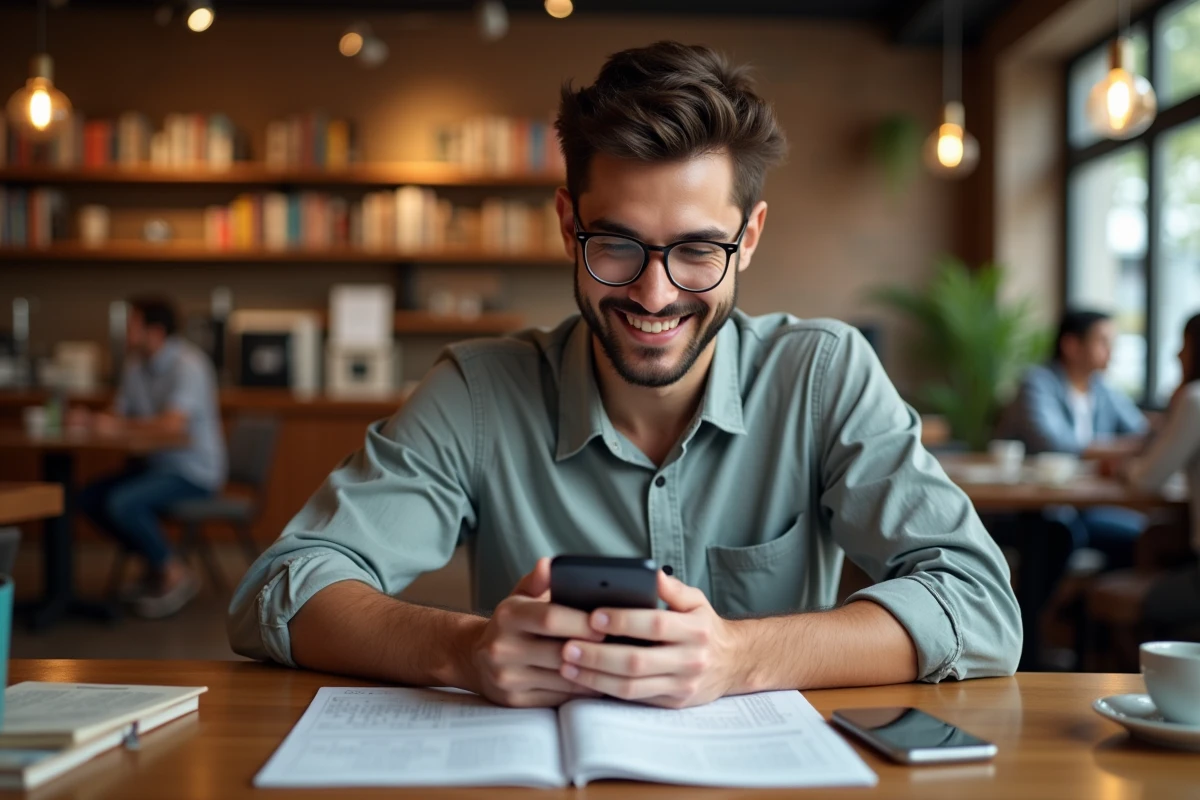 Jeune homme dans un café avec croixword et smartphone