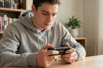 Un jeune homme tenant une console portable Sony PSP à son bureau, expression nostalgique, appartement moderne en arrière-plan