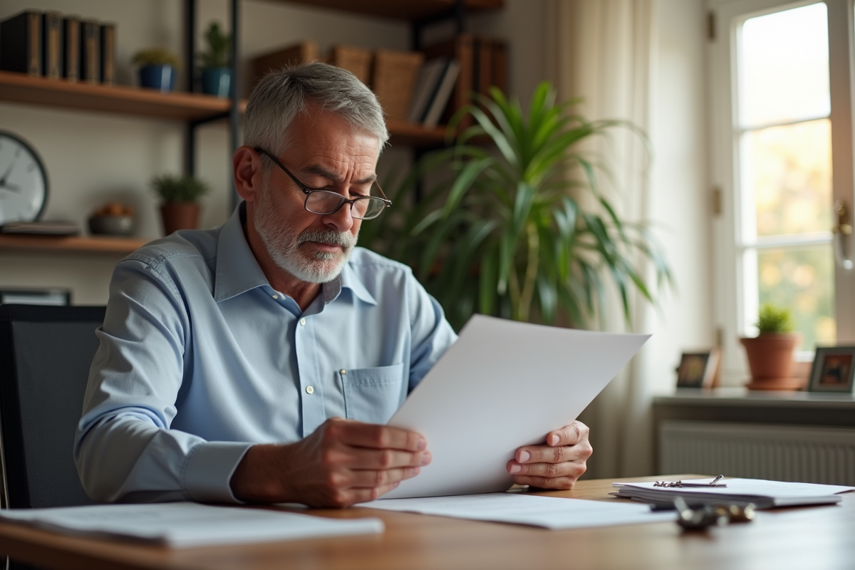 Homme examinant des contrats dans un bureau lumineux