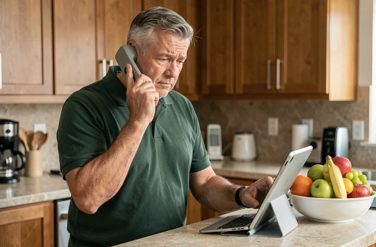 Homme mature confus tenant un téléphone fixe tout en cherchant un numéro inconnu sur une tablette dans sa cuisine