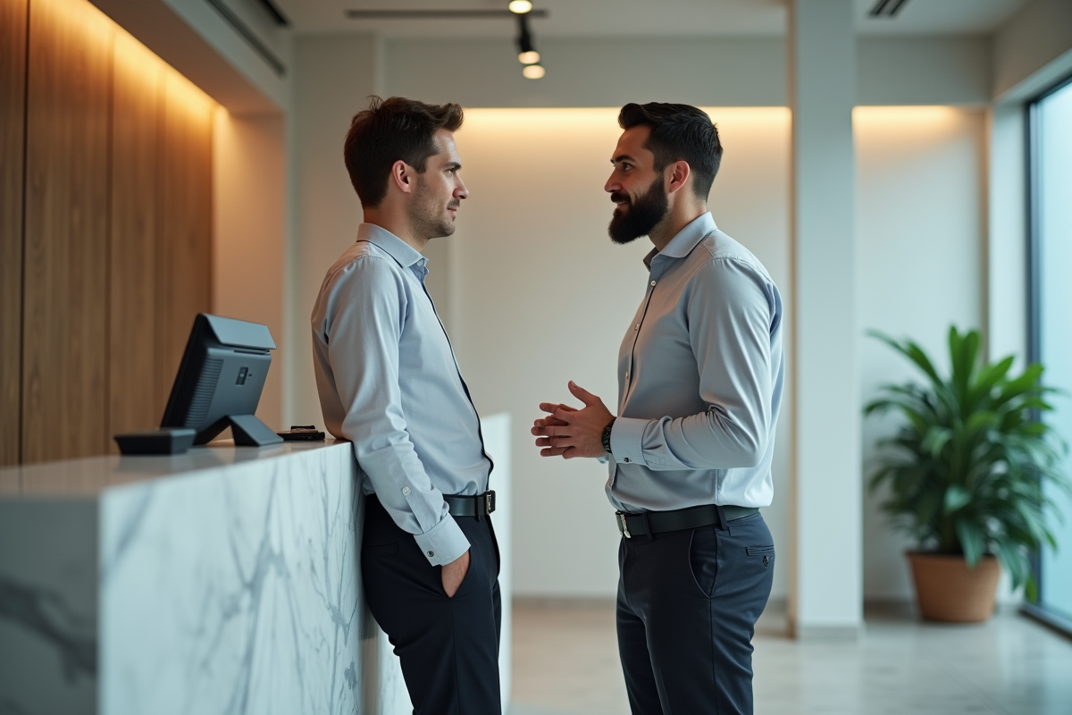 Jeune homme parle avec conseiller bancaire au guichet moderne