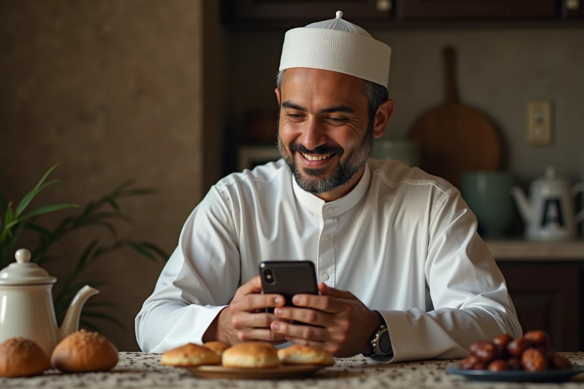 Homme en tenue traditionnelle marocaine souriant à l'iftar
