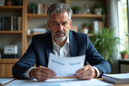 Homme en costume lisant des documents micro foncier