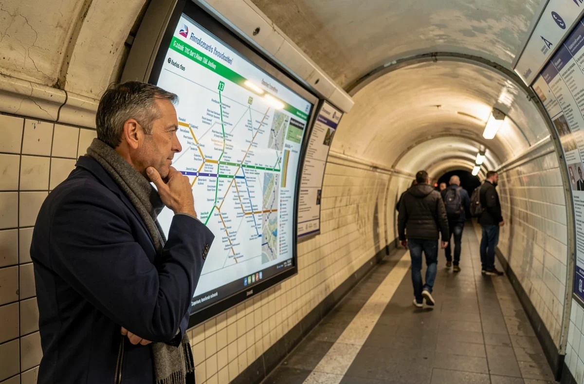 Homme devant le panneau interactif du plan métro Paris ligne 13 dans une station parisienne